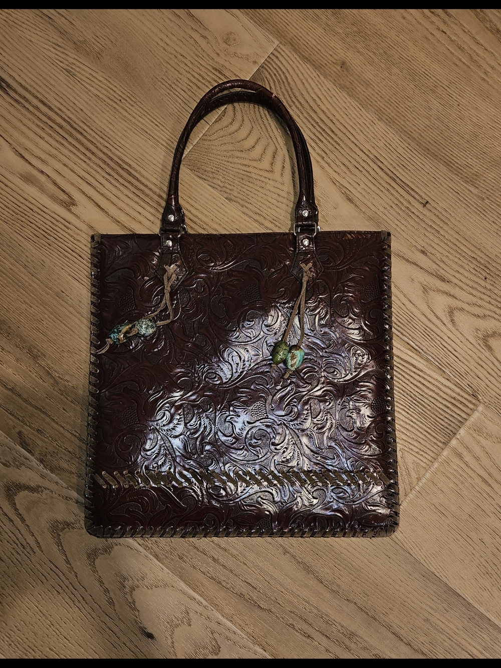 Hand Tooled Dark Brown Leather Tote Bag With Turquoise Tassels